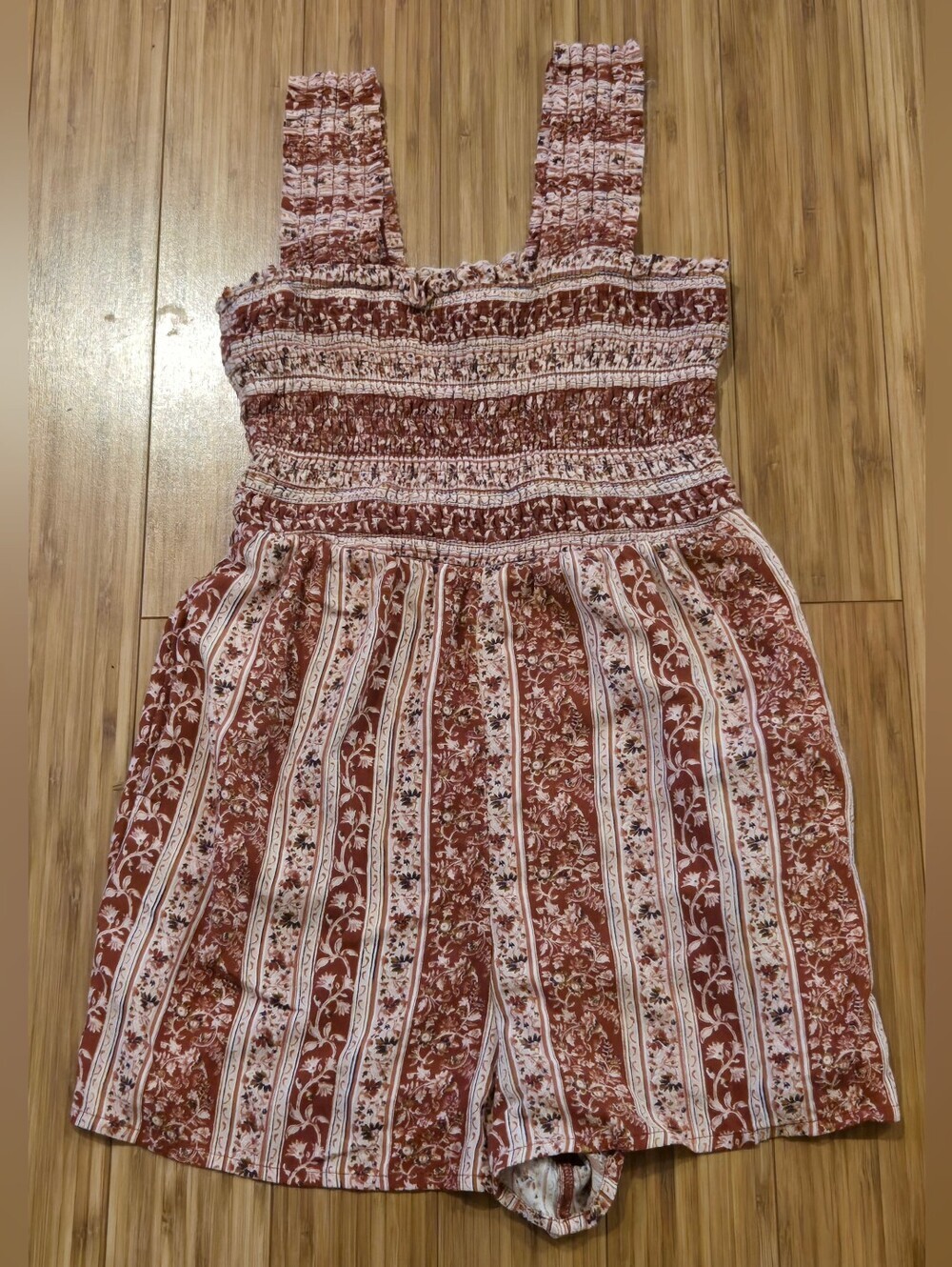 American Eagle Rust Floral Smocked Strappy Romper